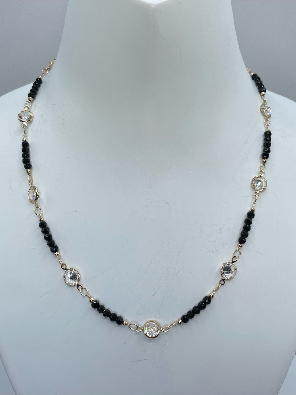 Park Lane Black Crystal Glass White Rhinestone Gold Tone Beaded Necklace